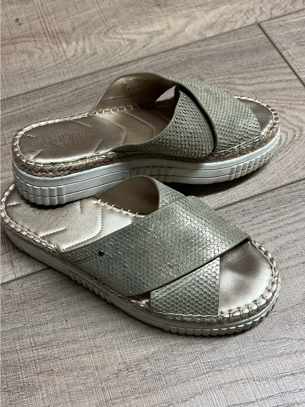 Franco Sarto Metallic Champagne Crossband Slide Sandals
